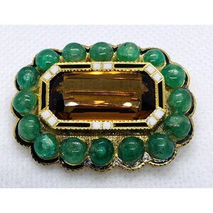 14K Cabochon Emerald Cut Corner Emerald Cut Citrine Enamel Brooch